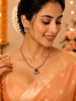 Opal Touch - Mehendi Plated Oval Stone Attigai Necklace with Earrings