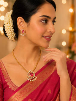 Opal Touch - Mehendi Plated Oval Stone Attigai Necklace with Earrings