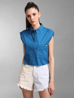 Kazo - Blue Sleeveless Boxy Shirt with Zipper Detail
