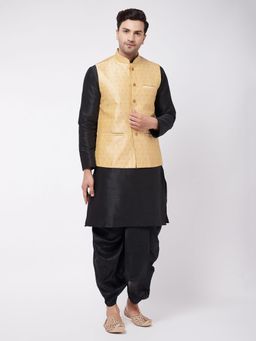 Vastramay - Mens Gold & Black Silk Blend Jacket, Kurta with Dhoti (Set of 3)