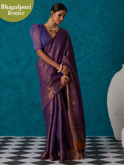 Likha - Purple Bhagalpuri Festive Linen Zari Saree & Unstitched Blouse LIKSAR34 (Free Size)