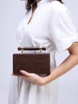 Twenty Dresses by Nykaa Fashion - Dark Brown Rectangle Croc Textured Top Handle Women's Clutch