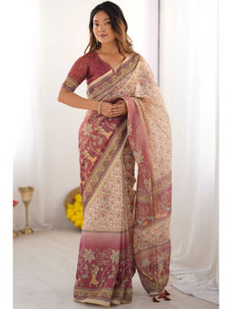 SGF11 - Cream Pink Women Cotton Printed Handloom Saree with Unstitched Blouse