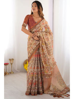 SGF11 - Yellow Brown Women Cotton Printed Handloom Saree with Unstitched Blouse