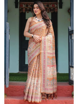 SGF11 - Brown Women Cotton Printed Handloom Saree with Unstitched Blouse