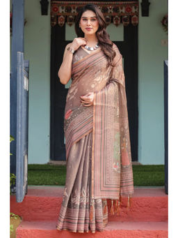 SGF11 - Grey Women Cotton Printed Handloom Saree with Unstitched Blouse