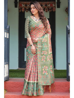 SGF11 - Pink Green Women Cotton Printed Handloom Saree with Unstitched Blouse