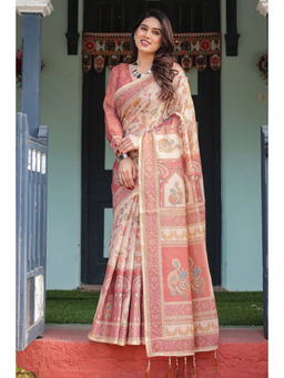 SGF11 - White Peach Women Cotton Printed Handloom Saree with Unstitched Blouse