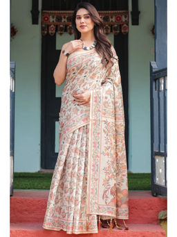 SGF11 - White Women Cotton Printed Handloom Saree with Unstitched Blouse