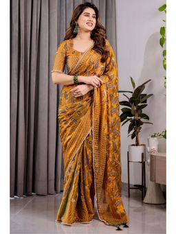 SGF11 - Yellow Women Chiffon Silk Saree with Unstitched Blouse