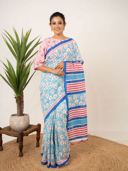 Bandhuli - Blue Color Cotton Hand Block Saree with Unstitched Blouse