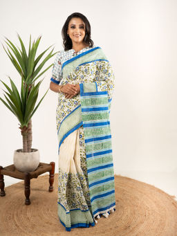 Bandhuli - White Color Cotton Hand Block Saree with Unstitched Blouse