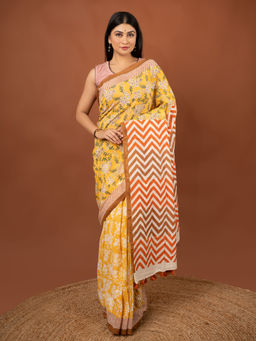 Bandhuli - Yellow Color Cotton Hand Block Saree with Unstitched Blouse
