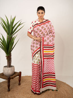 Bandhuli - White Color Cotton Hand Block Saree with Unstitched Blouse