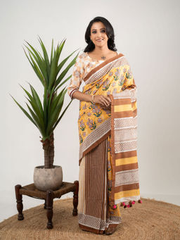 Bandhuli - Yellow Color Cotton Hand Block Saree with Unstitched Blouse