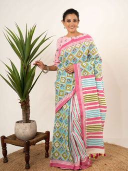 Bandhuli - Blue Color Cotton Hand Block Saree with Unstitched Blouse