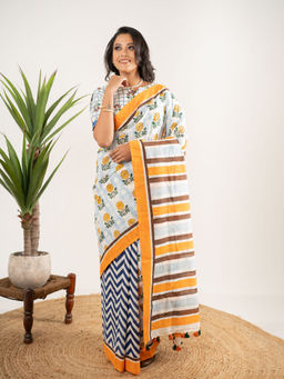 Bandhuli - Blue Color Cotton Hand Block Saree with Unstitched Blouse