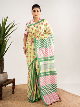 Bandhuli - Green Color Cotton Hand Block Saree with Unstitched Blouse