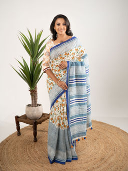 Bandhuli - White Color Cotton Hand Block Saree with Unstitched Blouse