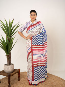 Bandhuli - White Color Cotton Hand Block Saree with Unstitched Blouse