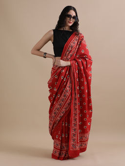 Jaipur Kurti - Ready To Wear Red Mulmul Cotton Floral Printed Saree with Unstitched Blouse