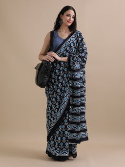 Jaipur Kurti - Ready To Wear Navy Blue Mulmul Cotton Floral Printed Saree with Unstitched Blouse