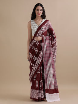 Jaipur Kurti - Ready To Wear Maroon Mulmul Cotton Floral Printed Saree with Unstitched Blouse