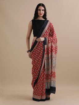 Jaipur Kurti - Ready To Wear Maroon Mulmul Cotton Floral Printed Saree with Unstitched Blouse