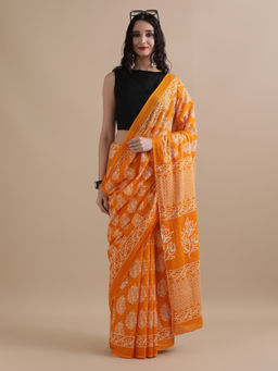 Jaipur Kurti - Ready To Wear Orange Mulmul Cotton Floral Printed Saree with Unstitched Blouse