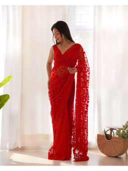 JATRIQQ - Red Butterfly Net Chain Stitch Embroidery Work Saree with Unstitched Blouse