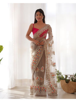 JATRIQQ - Beige Butterfly Net Chain Stitch Embroidery Work Saree with Unstitched Blouse