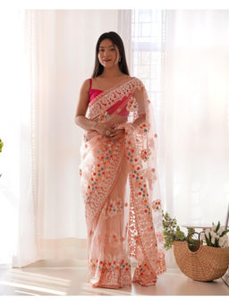 JATRIQQ - Peach Butterfly Net Chain Stitch Embroidery Work Saree with Unstitched Blouse