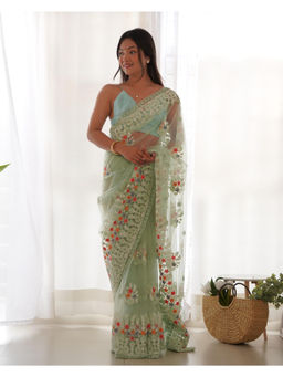 JATRIQQ - Green Butterfly Net Chain Stitch Embroidery Work Saree with Unstitched Blouse
