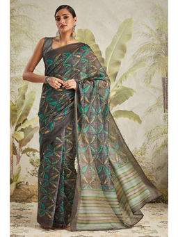 Suha - Olive Elegant Chanderi Cotton with Beautiful Printed Saree with Unstitched Blouse
