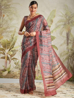 Suha - Maroon Elegant Chanderi Cotton with Beautiful Printed Saree with Unstitched Blouse