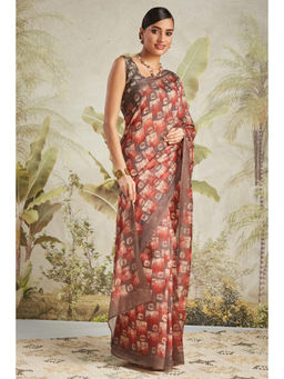Suha - Brown Elegant Chanderi Cotton with Beautiful Printed Saree with Unstitched Blouse