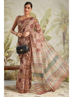 Suha - Brown Elegant Chanderi Cotton with Beautiful Printed Saree with Unstitched Blouse