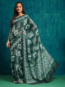 Suha - Olive Colour Elegant Muslin with Classic Printed Saree with Unstitched Blouse