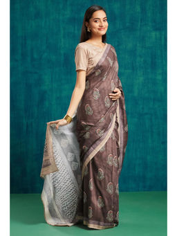 Suha - Coffie Brown Elegant Muslin with Classic Printed Saree with Unstitched Blouse