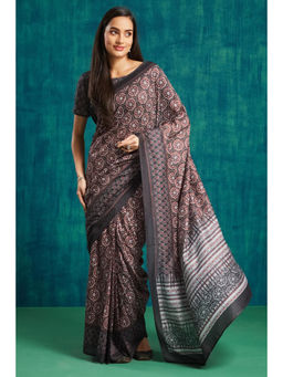 Suha - Black Soft Muslin with Ajrak Block Prints Saree with Unstitched Blouse