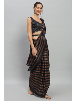 Suha - Brown Smooth Satin with Vibrant Stripe Pattern Saree with Unstitched Blouse