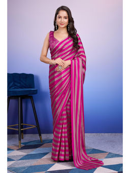 Suha - Pink Colour Smooth Satin with Vibrant Stripe Pattern Saree with Unstitched Blouse