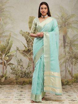 Suha - Green Elegant Chanderi Cotton with Woven Pattern Saree with Unstitched Blouse