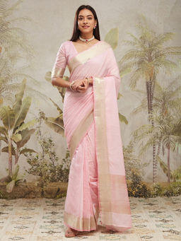Suha - Pink Elegant Chanderi Cotton with Solid Pattern Saree with Unstitched Blouse