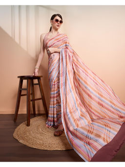 Suha - Peach Chic Georgette with Stylish Stripes Pattern Saree with Unstitched Blouse