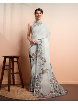 Suha - Grey Flowy Georgette with Beautiful Floral Prints Saree with Unstitched Blouse