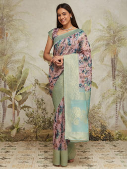 Suha - Peach Rich Jacquard with Intricate Floral Prints Saree with Unstitched Blouse