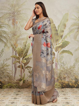 Suha - Grey Colour Rich Jacquard with Intricate Floral Prints Saree with Unstitched Blouse