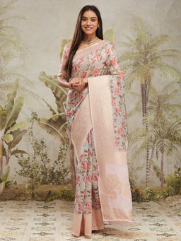 Suha - Pink Colour Rich Jacquard with Intricate Floral Prints Saree with Unstitched Blouse