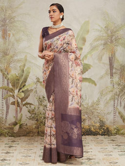 Suha - Cream Colour Rich Jacquard with Intricate Floral Prints Saree with Unstitched Blouse